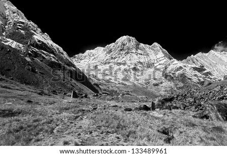 General view of Annapurna South and base camp - Nepal, Himalayas (black and white)