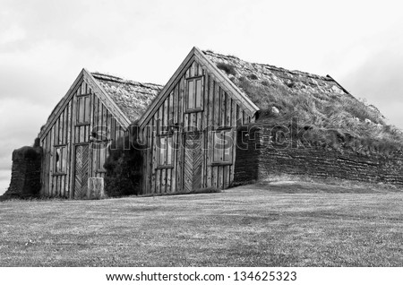 Traditional icelandic peat houses - Iceland (black and white)
