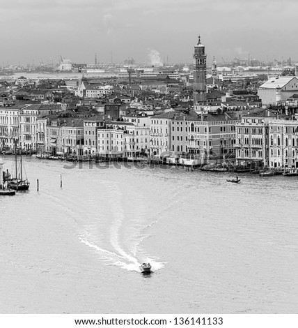 Venice in the bad weather (view from the bell tower of the Saint Giorgio Maggiore Church), Italy (black and white)