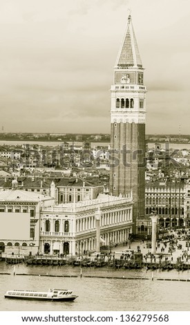 The Tower of San Marco and the Doge\'s Palace (view from the bell tower of the Saint Giorgio Maggiore Church) - Venice, Italy (stylized retro))