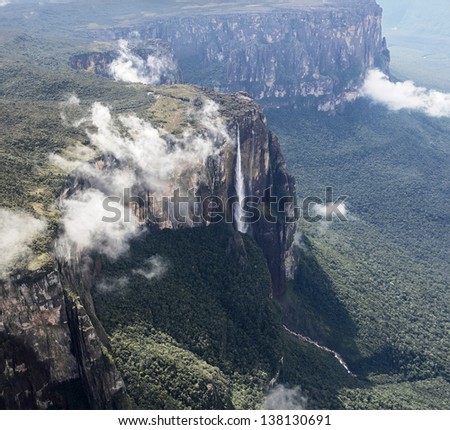 The source of the river supply Angel Falls is worlds highest waterfalls (978 m) (view from the plane) - Venezuela, Latin America
