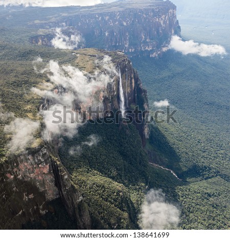 The view from the plane of the source of the river supply Angel Falls (Salto Angel) is worlds highest waterfalls (978 m) - Venezuela, South America