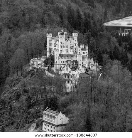 Hohenschwangau castle in the Bavarian Alps, Germany (view from Neuschwanstein castle) (black and white)