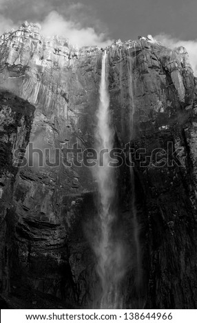 Angel Falls ( Salto Angel ) is worlds highest waterfalls (978 m) in Venezuela, Latin America (black and white)