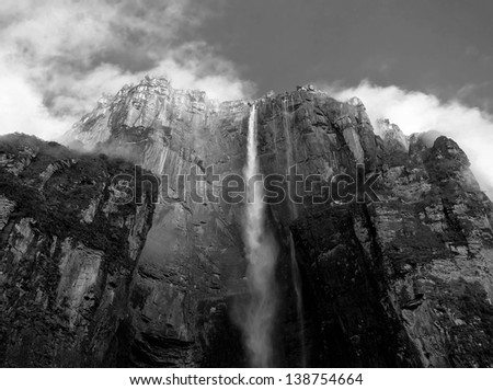 Angel Falls ( Salto Angel ) is worlds highest waterfalls (978 m) in the early morning - Venezuela, Latin America (black and white)