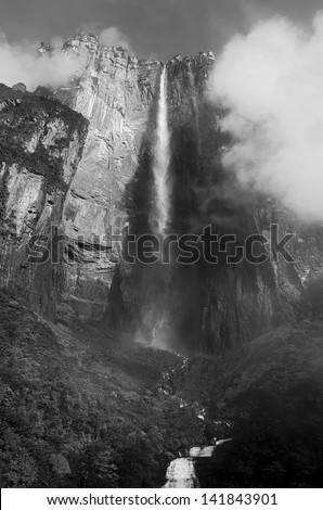 Angel Falls ( Salto Angel ) is worlds highest waterfalls (978 m) - Venezuela, South America (black and white)