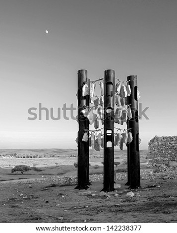 BEER SHEVA, ISRAEL - AUGUST 27:  Metal sculptures under Moon. The sculptures have been restored in the park near Beer Sheve August 27, 2012 in Israel (black and white)