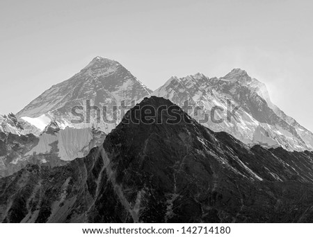 View of Mt. Everest (8848 m) and Lhotse (8516 m) from the Gokyo Ri - Gokyo region, Nepal, Himalayas (black and white)
