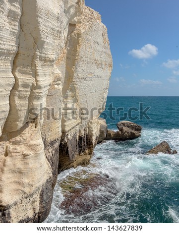 Waves and white chalk cliff at Rosh Hanikra reserve - Mediterranean sea, Israel