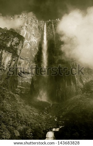 Angel Falls ( Salto Angel ) is worlds highest waterfalls (978 m) - Venezuela, South America (stylized retro)