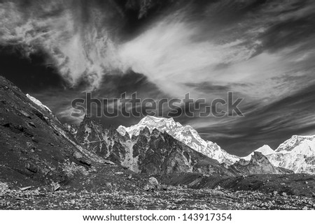 The landscape in Cho-Oyu mountain massif - Gokyo region, Nepal, Himalayas (black and white)