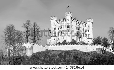 High resolution panorama of Hohenschwangau castle in the Bavarian Alps - Tirol, Germany (black and white)