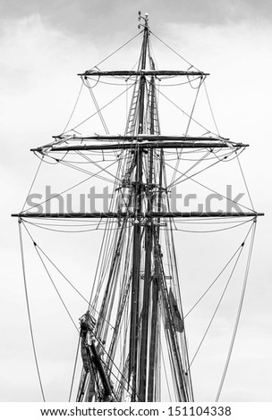 The masts and rigging boat in the port of Reykjavik city, Iceland (black and white)