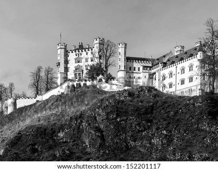 Hohenschwangau castle in the Bavarian Alps - Tirol, Germany (black and white)