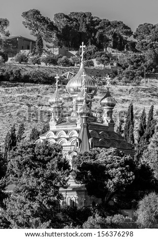 The Russian Orthodox church of Mary Magdalene at the mount Olives - Jerusalem, Israel (black and white)