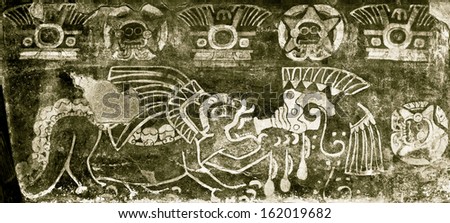 TEOTIHUACAN, MEXICO - AUGUST 13: The wall paintings in temples are a national treasure and protected by the state. The image of the red jaguar on the ruins of Teotihuacan,  Mexico on AUGUST 13, 2010