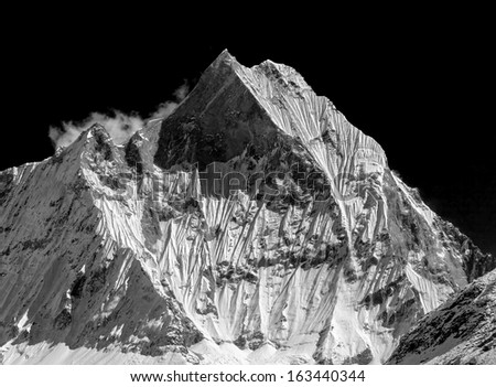 Top of Machhapuchhre peak (6998 m) (view from Annapurna Base Camp) - Nepal, Himalayas (black and white)