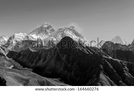 Panoramic view of Mt. Everest (8848 m), Lhotse (8516 m) and Makalu (8481 m) from the Renjo Pass - Gokyo region, Nepal, Himalayas (black and white)