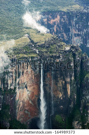 Angel Falls (top fragment) is worlds highest waterfalls (978 m), view from the plane - Venezuela, Latin America