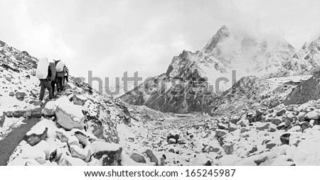 The tourists are on the trail in the area of the Everest (black and white)