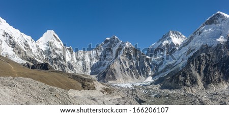 Panoramic photo of the legendary glacier circus Khumbu, from where the assault Mount Everest - Nepal, Himalayas