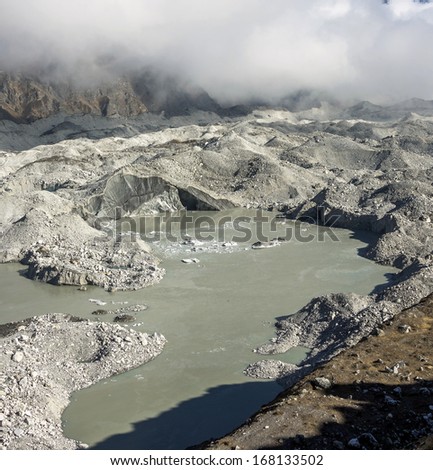 Lakes of thawing ice on Gokyo glacier - Nepal, Himalayas