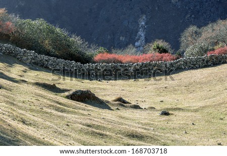 The compound wall of the field for the grazing of domestic animals near Dhole village - Everest region, Nepal, Himalayas