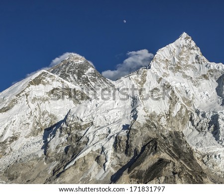The moon rises over Mt. Everest (8848 m)  (view from Kala Patthar) - Nepal, Himalayas
