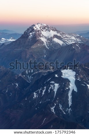 Aconcagua (6962 m) is the highest mountain in the Americas (aerial photo) on Chile to Argentina border