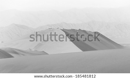 Tourists travel through the dunes in the Atacama Desert - Oasis of Huacachina, Peru, South America (black and white)