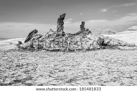 Salt sculptures is beautiful geological formation of Moon Valley in Atacama Desert, Chile (black and white)