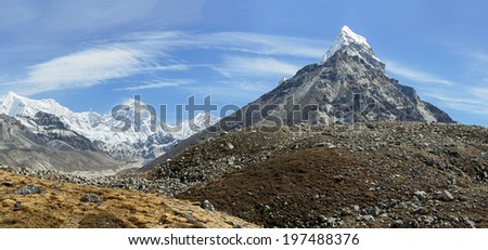 High resolution panorama of Gokyo glacier, Everest, Lhotse, and Chola peaks in the area of Cho Oyu - Gokyo region, Nepal, Himalayas