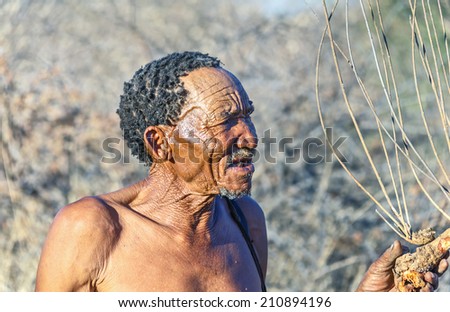 BUITEROS, NAMIBIA - JULY 17, 2014: Hunter Bushmen posing tourists. The San people, also known as Bushmen are members of various indigenous hunter-gatherer peoples of Southern Africa.