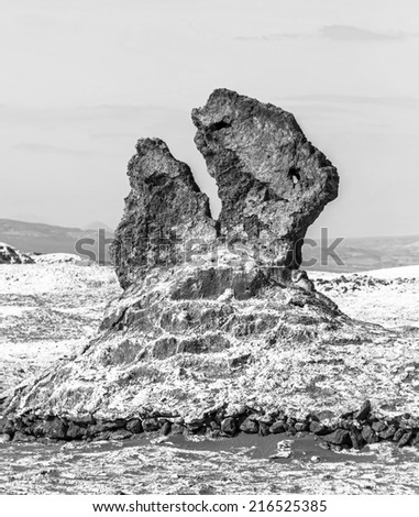 Salt sculptures is beautiful geological formation of Moon Valley in Atacama Desert, Chile (black and white)