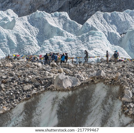 View of the place of the spring Everest Base Camp (EBC) on Khumbu glacier near - Nepal, Himalayas