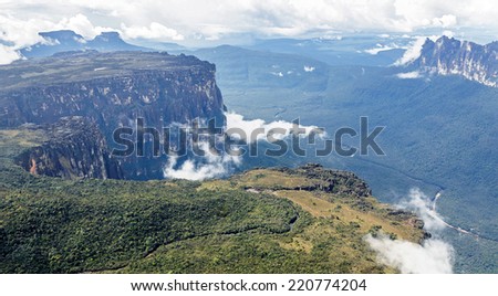 Source of the river supply Angel Falls (Salto Angel) is worlds highest waterfalls (978 m). View from an airplane - Venezuela, South America