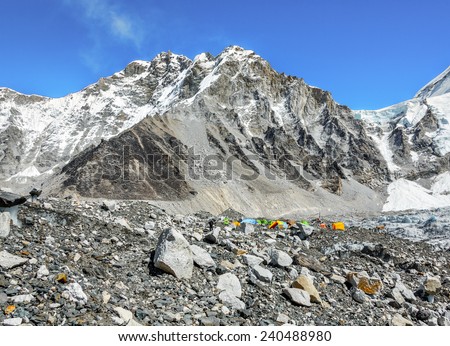 Camp of climbers on Khumbu glacier near legendary place Everest Base Camp - Nepal, Himalayas