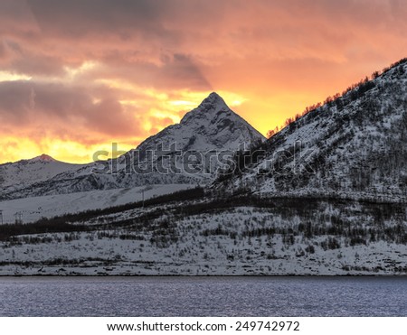 Mountains on the Lofoten island at sunset, Norway