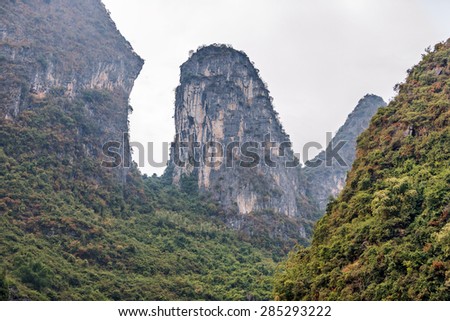 Nice karst mountains and the Li River. View from the hill above town of the Hingping - China