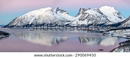 Panorama of the beautiful fjord on Senja island at sunset, Troms county - Norway