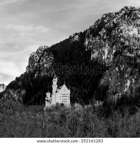Neuschwanstein castle in the Bavaria Alps - Tirol, Germany (black and white)