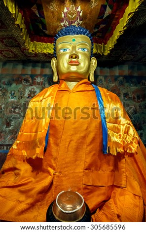 LEH, INDIA - 28 JULY, 2015: Beautiful sculpture of The Maitreya Buddha at Thiksey Monastery - Ladakh, Jammu and Kashmir, India