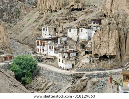 Houses of local residents near the Lamayuru monastery or Yuru Gompa - Tibet, Kargil District, Leh district, Western Ladakh, Himalayas, Jammu and Kashmir, Northern India