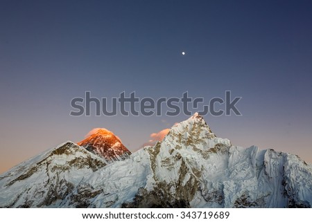 Moon over Mount Everest and Nuptse at sunset (view from Kala Patthar) - Nepal, Himalayas