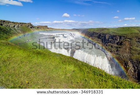Gullfoss (Golden falls) waterfall and rainbow in Iceland