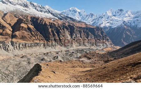 Panoramic view of the glacier arising from the circus Annapurna - Nepal, Himalayas