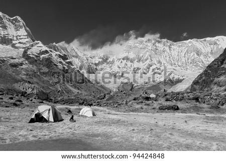 Two tents climbers near Annapurna base camp (black and white) - Nepal, Himalayas