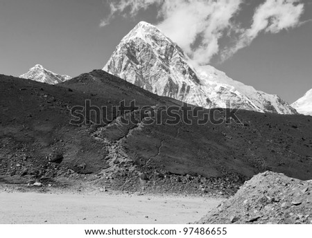 View of the Mt. Everest region from Gorak Shep to Kala Patthar and Pumo Ri, Nepal - black and white