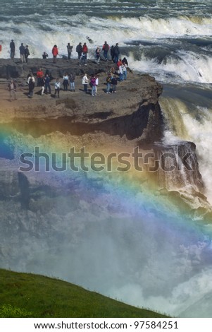 Closeup portrait of the Gullfoss (Golden falls) waterfall and rainbow in Iceland