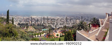 High resolution panorama of the bahai park over Haifa city, Israel